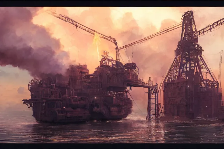 Image similar to a highly detailed matte painting of a soviet steampunk oil rig on fire at night by studio ghibli, makoto shinkai, by artgerm, by wlop, by greg rutkowski, volumetric lighting, octane render, 4 k resolution, trending on artstation, masterpiece