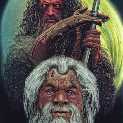 Prompt: gandalf, bloated, fluid, smooth, organic, crazy, bright, colours, tumours, high contrast, sharpness, dramatic, very detailed, intricate, by giger and corben and moebius and beksinski and bosch and bacon