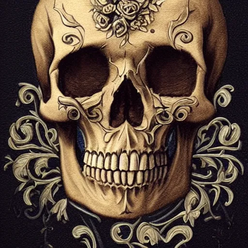 Prompt: a beautiful portrait of a ornate and intricate rococo skull