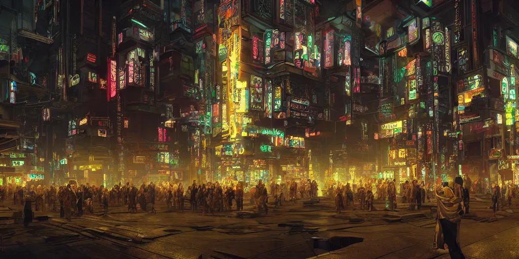 Image similar to Photorealistic cyberpunk mosque in crowded Tokyo night. Hyperdetailed photorealism, UHD, amazing depth, glowing rich colors, golden ration, 3D octane cycle unreal engine 5, 3d shading, cinematic lighting, artstation concept art