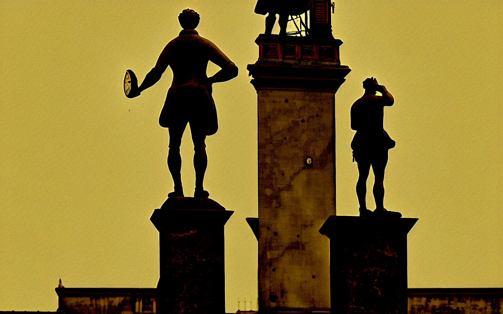 Prompt: a lonely statue of a man standing on top of a clock, a flemish baroque by henry macbeth - raeburn, flickr, rococo, rococo, flemish baroque, sabattier filter