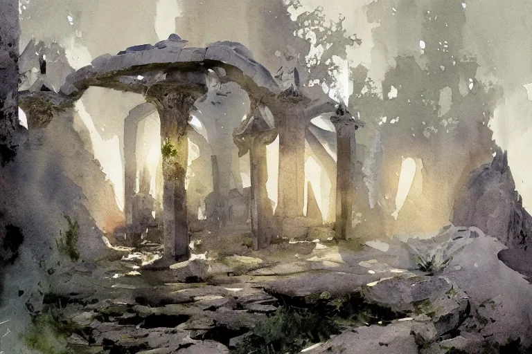 Prompt: abstract watercolor painting of hedonic scandinavian wood palace, in stone and marble, covered in moss, war lord, magical and traditional, runes, cinematic light, national romanticism by anders zorn, by greg rutkowski, by greg manchess