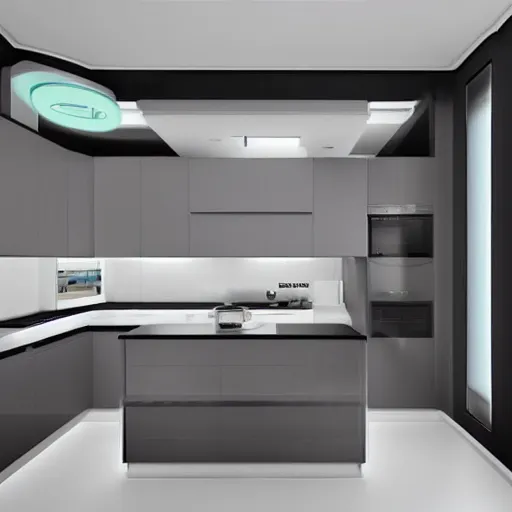 Image similar to Futuristic Kitchen mockup, interior design, photorealistic