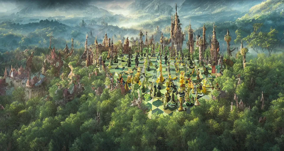 Image similar to Birdview of fairytale vast lands as a chess board. Forests, meadows or cities in each different square, 4k, octane, digital painting, artstation, concept art, sharp focus, illustration, art by artgerm and greg rutkowski and alphonse mucha