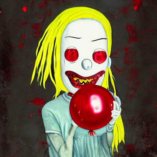 Prompt: grunge painting of billie eilish with a wide smile and a red balloon rick and morty style, creepy lighting, horror theme, detailed, elegant, intricate, conceptual