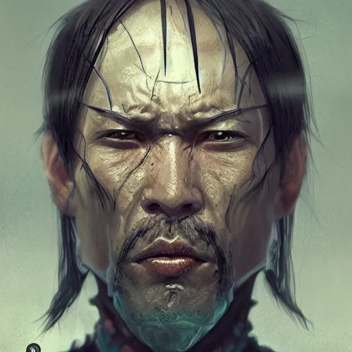 Image similar to Sickly diseased dying Samurai warrior, portrait by Cedric Peyravernay, highly detailed, excellent composition, cinematic concept art, dramatic lighting, trending on ArtStation