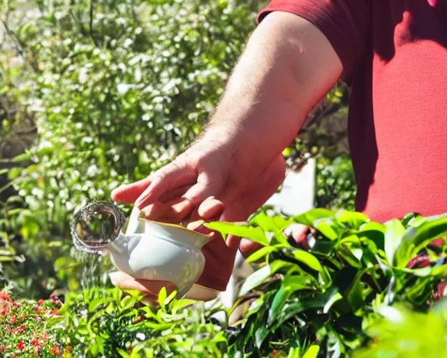 Image similar to mr robert is drinking fresh tea, smoke pot and meditate in a garden from spiral mug, detailed glad face, muscular hands and arms, golden hour closeup photo, red elegant shirt, eyes wide open, ymmm and that smell