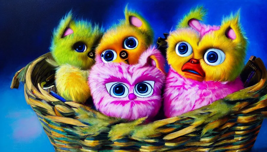 Image similar to highly detailed painting of 9 0 s furby toys cuddling up in a basket by william turner, thick brush strokes and visible paint layers, 4 k resolution