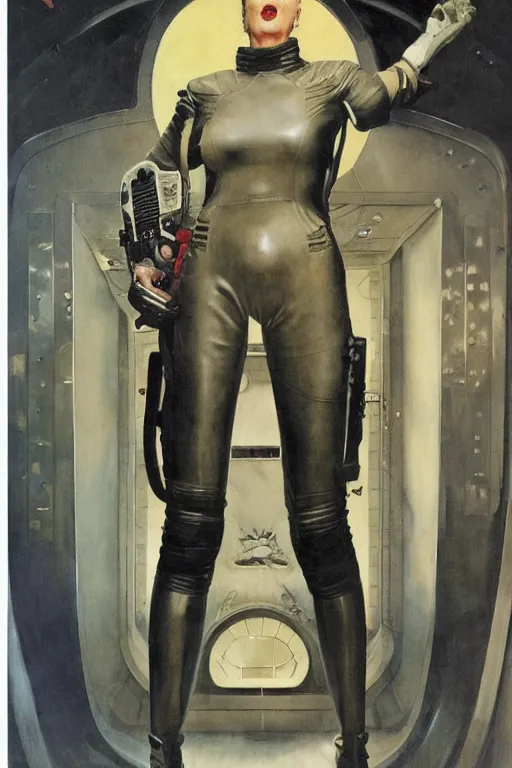 Prompt: 5 0 s pulp scifi fantasy illustration full body portrait slim mature woman in leather spacesuit in palace throne room, by norman rockwell, roberto ferri, daniel gerhartz, edd cartier, jack kirby, howard v brown, ruan jia, tom lovell, frank r paul, jacob collins, dean cornwell, astounding stories, amazing, fantasy, other worlds
