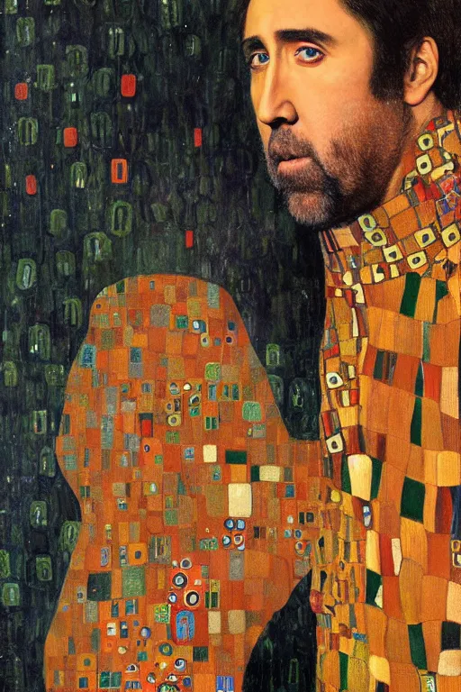 Image similar to Portrait of Nicolas Cage, beautiful art, painted by gustav klimt