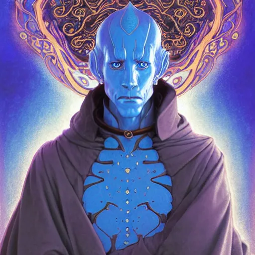 Prompt: half length portrait of a medieval fantasy sorcerer, a male anthropomorphic nerdy blue dragon with electrcity magic, fantasy, d & d, high details, art by ( ( ( kuvshinov ilya ) ) ) and wayne barlowe and gustav klimt and artgerm and wlop and william - adolphe bouguereau