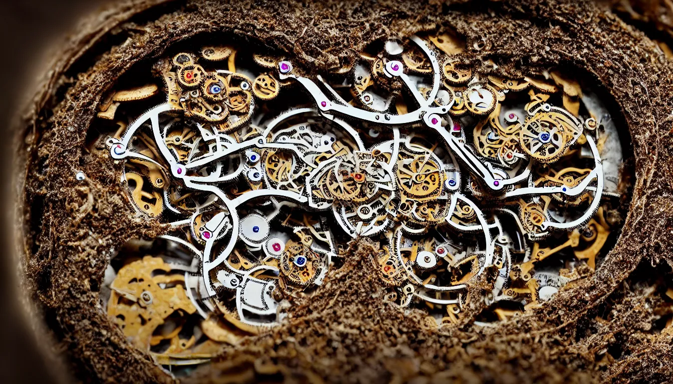 Prompt: detailed view from inside a clockwork watch, entangled roots covered in mushrooms, cracked earth, living spore microorganisms, decaying, rusty, hyper realistic photo, full colour, upscale, 8 k