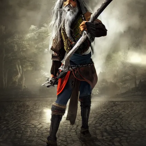 Image similar to a photo of a man with dark green skin and long silver hair, his eyes are powerfully glowing red, he is in commoners clothes standing on a cobblestone platform, he has a shortbow strapped to his back and he is holding a short sword in one hand, trending on artstation, digital artwork, cinematic lighting, 4K, very full detail, amazing artwork, trending on Behance award-winning art