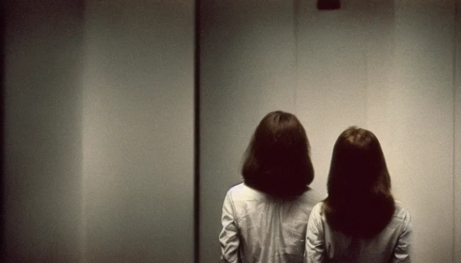 Image similar to 7 0 s film still from a horror movie of two young adults standing in profile and facing each other looking downwards while standing in a liminal space, kodachrome, cinecolor, cinestill, photorealism, cinematic, film grain, film texture, vhs recording