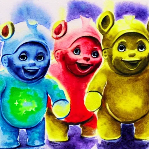 Image similar to water colour painting of teletubbies with machine guns ,