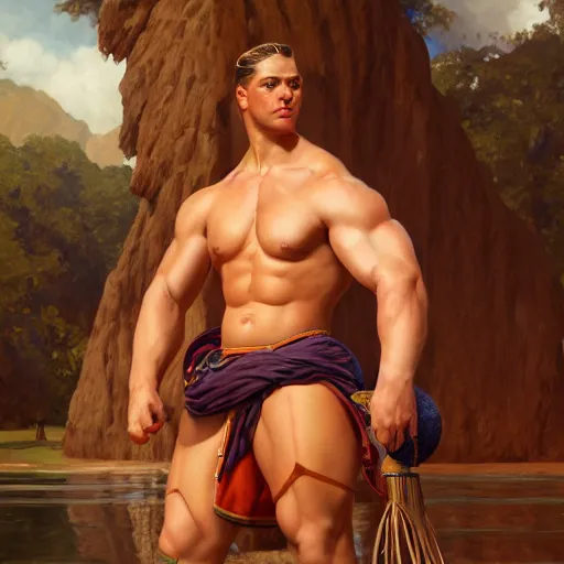 Image similar to the ultimate Peruvian gigachad, muscular man, oil on canvas artstation by J. C. Leyendecker and Edmund Blair Leighton and Charlie Bowater octane render