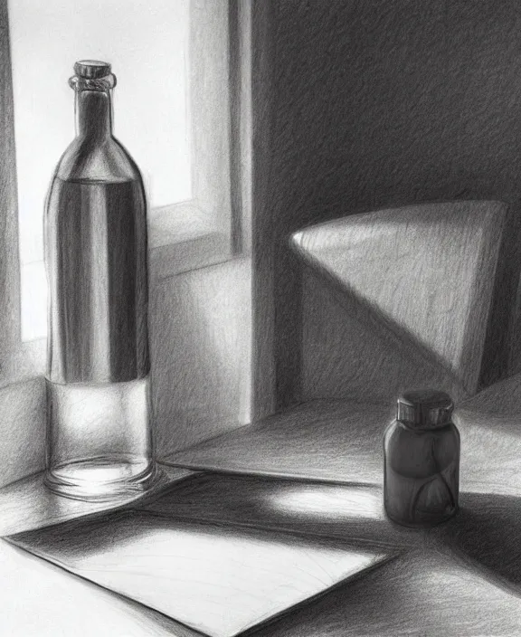 Prompt: a pencil drawing of one round potion bottle on a messy table, sunlight from a window, soft lighting, atmospheric, bottle is the focus. by pen tacular