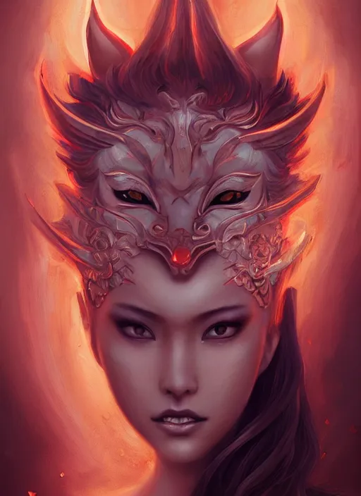 Image similar to a beautiful detailed oil on copper art illustration of a japanese kitsune mask devil beautiful woman, centered, by charlie bowater, zeng fanzh, trending on artstation, dim dusk lighting, cinematic lighting, detailed lighting, volumetric lighting, realistic, f 8, 4 k hd wallpaper