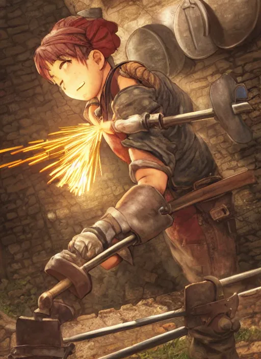 Image similar to character portrait of a blacksmith tomboy pounding a rod of hot iron on an anvil at the smithy, hidari, color page, tankoban, 4K, tone mapping, Akihiko Yoshida.