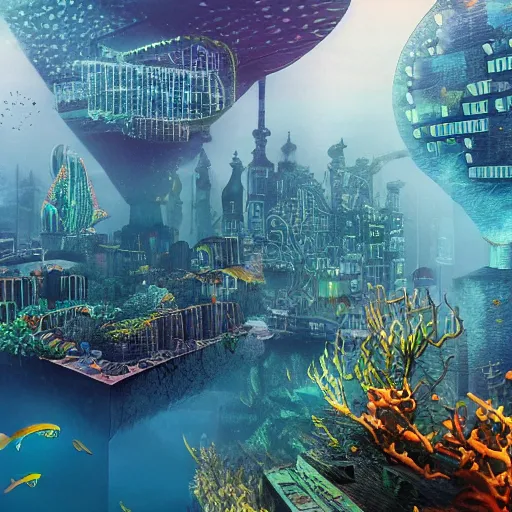 Image similar to a gigantic city base underwater, photo-realistic, colorful, dark, smog, complex, shot by a camera,