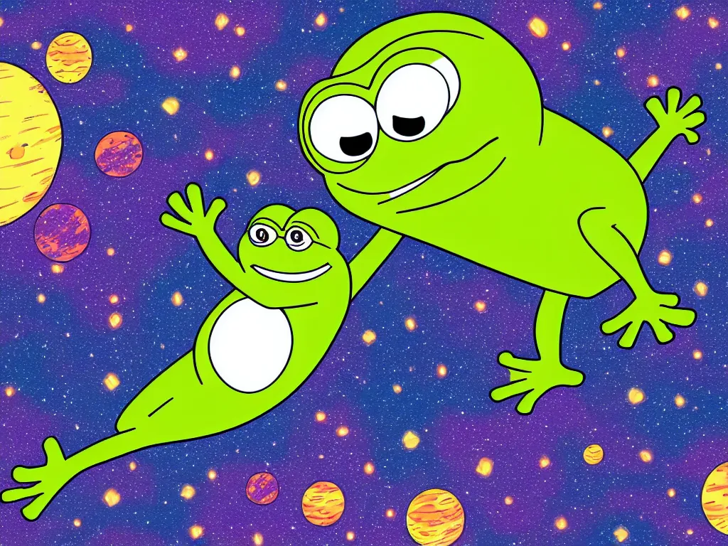 Image similar to happy pepe the frogs floating in space, cartoon illustration, detailed