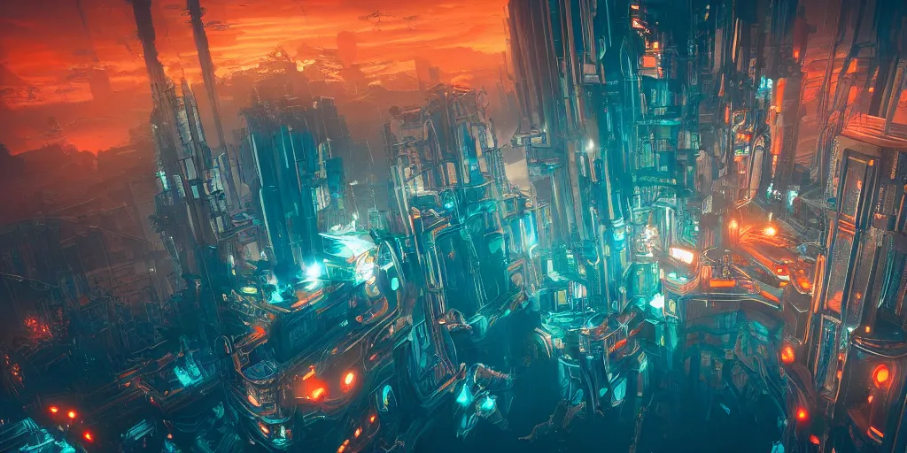 Image similar to Atlantis, cyberpunk, extra detailed, digital art, trending on artstation and unreal engine, 8k, orange and blue tones only