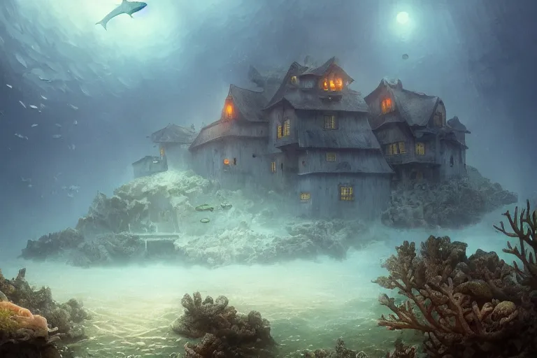 Image similar to submerged underwater!!!! on the ocean floor, a typical european house with a slate roof, coral reef, school of fishes, shark, scenic view, atmospheric blue tonality matte painting by christophe vacher and hubert robert, trending on artstation