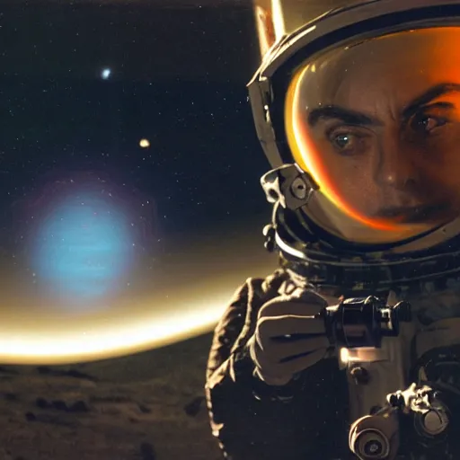 Prompt: extremely detailed photo of carl sagan looking through visor of spacesuit, mars rover in background, detailed face