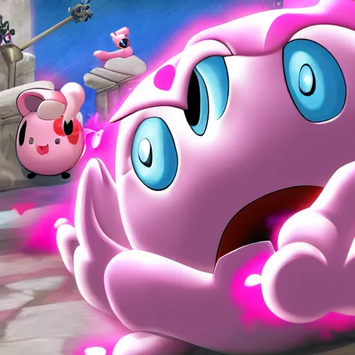Image similar to jigglypuff fighting back hordes of monsters in he'll using a machine gun, digital art, highly detailed, 4 k