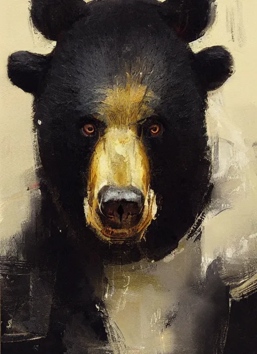 Image similar to portrait painting of anthropomorphic black bear in traditional japanese clothes by jeremy mann, only one head single portrait