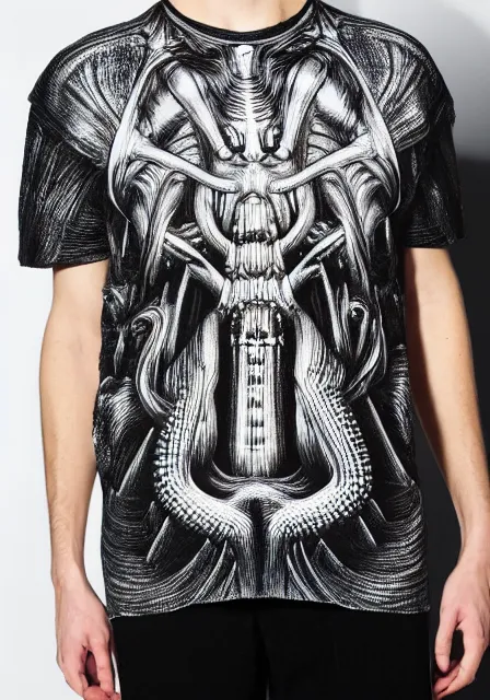 Image similar to henley tshirt inspired by h. r. giger designed by alexander mcqueen