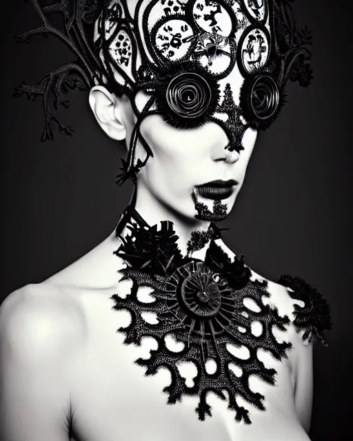 Image similar to surreal dark poetic black and white photo portrait of complex bio-mechanical beautiful young silver female vegetal-cyborg with a Mandelbrot fractal steampunk metal fine lace face, a very long neck and a fine metal floral foliage super big lace collar by Alexander McQueen:: smoke, high fashion, haute couture, rococo, steampunk, silver filigree details, anatomical, facial muscles, cable wires, microchip, elegant, dreamy, foggy atmosphere, hyper realistic, 150 mm lens, soft rim light, octane render, unreal engine, picture was taken in 1910 by Man Ray, volumetric lighting, dramatic light,8k,