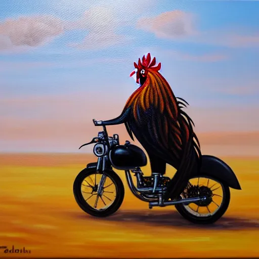 Image similar to oil painting of a rooster riding a motorcycle
