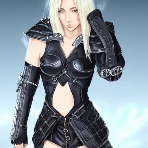 Prompt: a beautiful woman wearing leather armor, blonde, long hair, pixiv, hyperrealistic