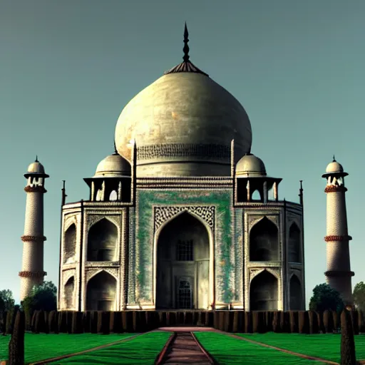 Image similar to dinosaurs attacking taj mahal, 8k, unreal engine 5, very detailed, horror vibe, smooth