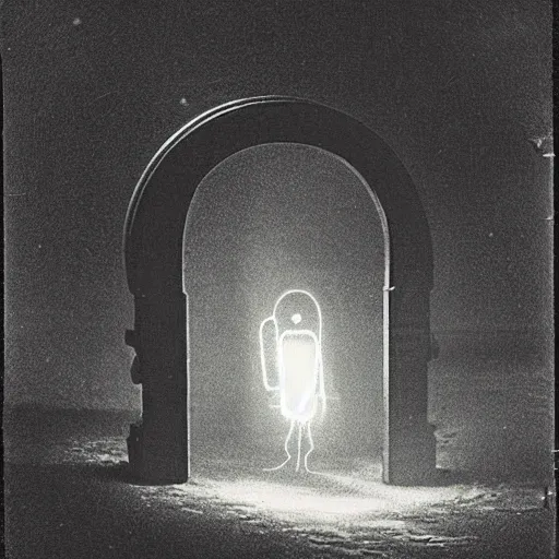 Image similar to 1820's photo from distance of a futuristic android opening a portal to another dimension at night, moody, dark, damage