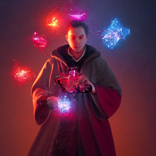 Image similar to young 3 5 years old wizard surrounded by ruby shards, 8 k photography, artstation