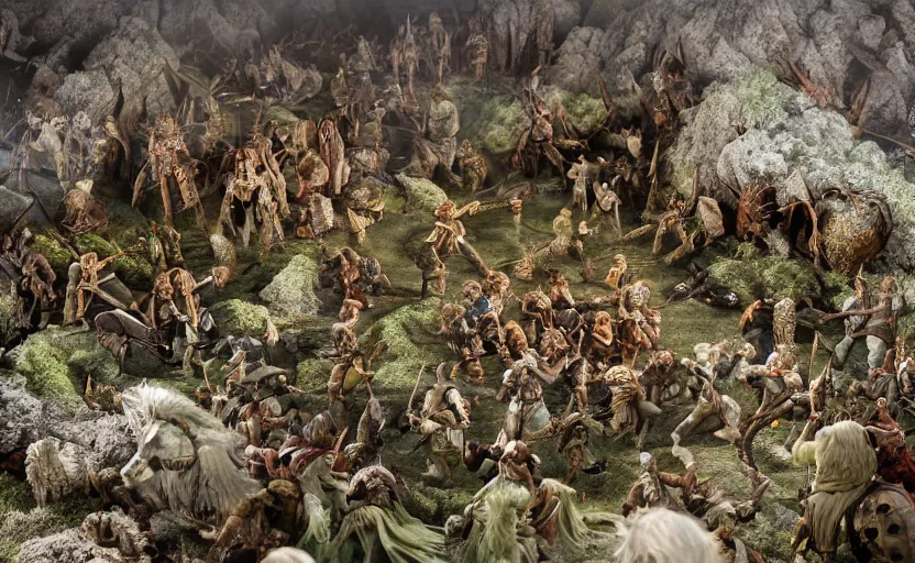 Image similar to stunning photograph of a claymation diorama of the battle of the pelennor fields, detailed, by erwin olaf, joop geesink, jim henson, brian froud, 8 k resolution, beautiful lighting, studio light, extremely detailed, establishing shot, realistic materials, hyperrealistic