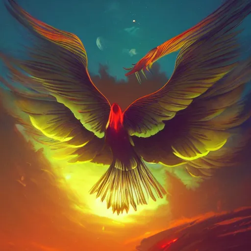 Prompt: optimism, the solarpunk phoenix, red bird, ornate egg, regeneration, landscape, epic composition, volumetric light, bokeh, painting by ilya kuvshinov and by makoto shinkai