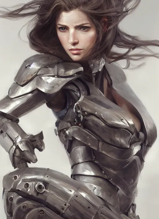 Prompt: a professional photographic portrait of a beautiful young female, partially clothed in battle armor, olive skin, long dark hair, beautiful bone structure, symmetrical facial features, intricate, elegant, digital painting, concept art, smooth, sharp focus, illustration, from Metal Gear, by Ruan Jia and Mandy Jurgens and Artgerm and William-Adolphe Bouguerea
