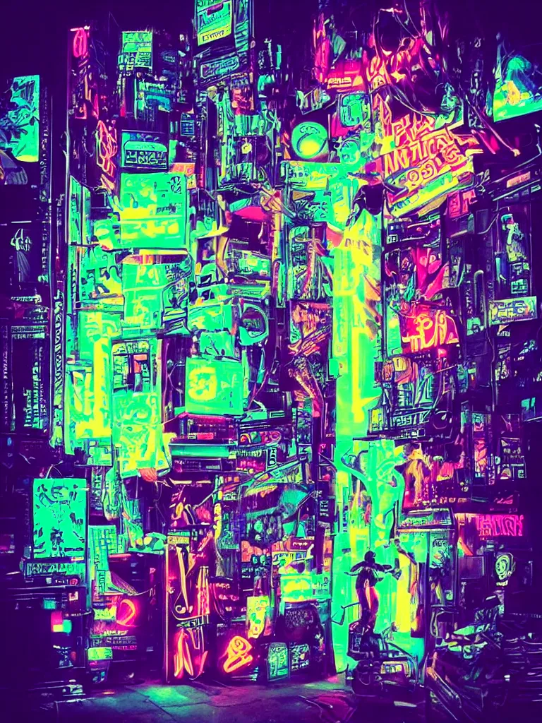Prompt: “cyberpunk tarot cards, neon, futuristic”