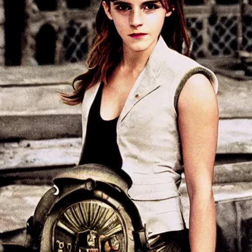 Image similar to Photo of Emma Watson on top of a tank in Hogwarts, establishing shot