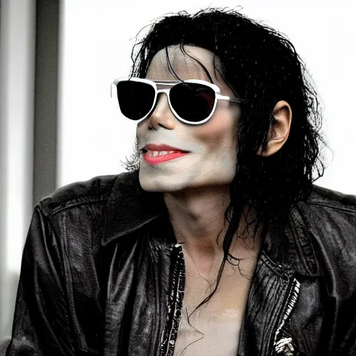 Image similar to michael jackson 2 0 0 9 wearing shades, alone, this is it style, photo real, pores, motion blur, sitting with bubbles the chimp window open, real life, spotted, ultra realistic face, accurate, 4 k, movie still, uhd, sharp, detailed, cinematic, render, modern