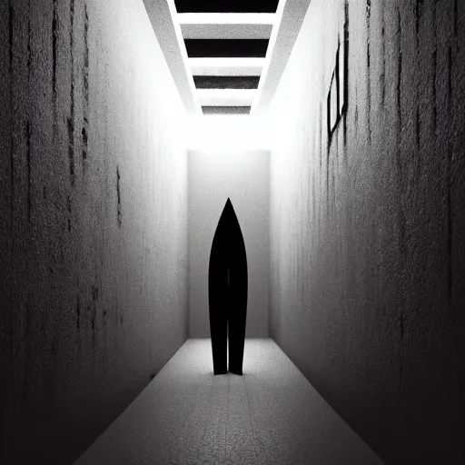 Prompt: photograph of an extremely dark narrow hallway with glowing humanoid cryptid made out of black and white static, dark deep black shadows, red and black color contrast in the style of trevor henderson, liminal space, 3 d octane render, glitch effect