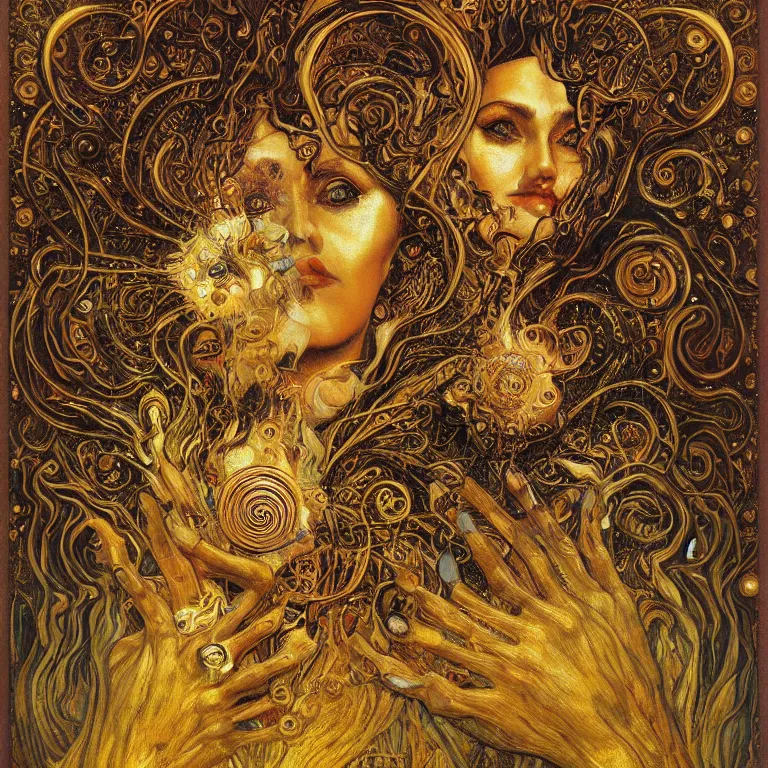 Image similar to Divine Chaos Engine by Karol Bak, Jean Deville, Gustav Klimt, and Vincent Van Gogh, celestial, visionary, sacred fractal structures, ornate gilded medieval icon, spirals, 8k 3D