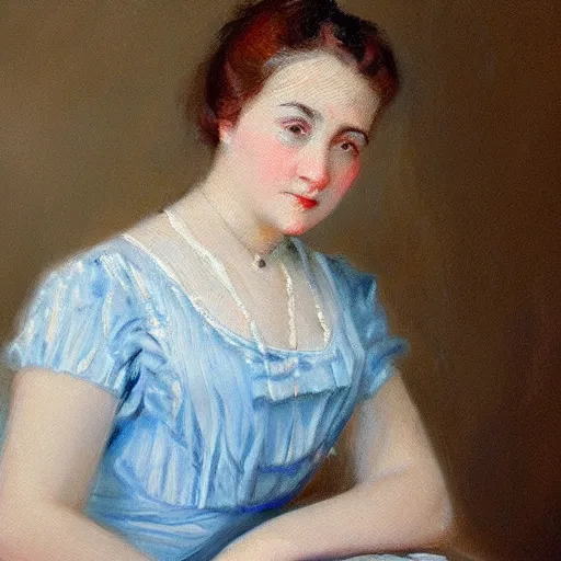 Prompt: portrait painting of a lady in a light blue dress 1 9 0 0 s entire face shown in great detail, looking at the camera, garden, photorealistic, extreme detail, sharp focus, 8 k, intricate, hyper detailed, realistic, cinematic lighting