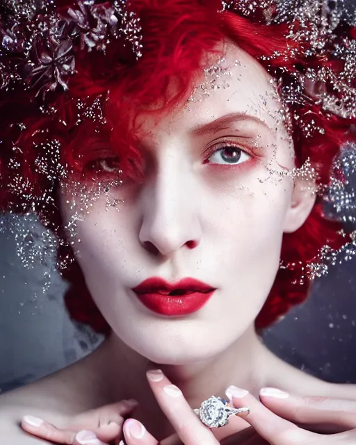 Image similar to Portrait of a Jewish woman, close-up, ice, diamond skin, high sharpness, zeiss lens, fashion photo shoot, flowers, red hair, coral lipstick, on the background black , in semi prakEduard Buba, Annie Leibovitz, Paolo Roversi, David Lazar, Jimmy Nelsson, Eiko Hosoe, artistic, hyper-realistic, beautiful face, octane rendering