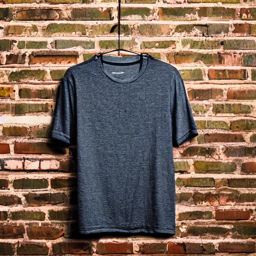 Image similar to a t shirt with unique design in a hanger in front of a brick wall, warmly lit photograph, product photography