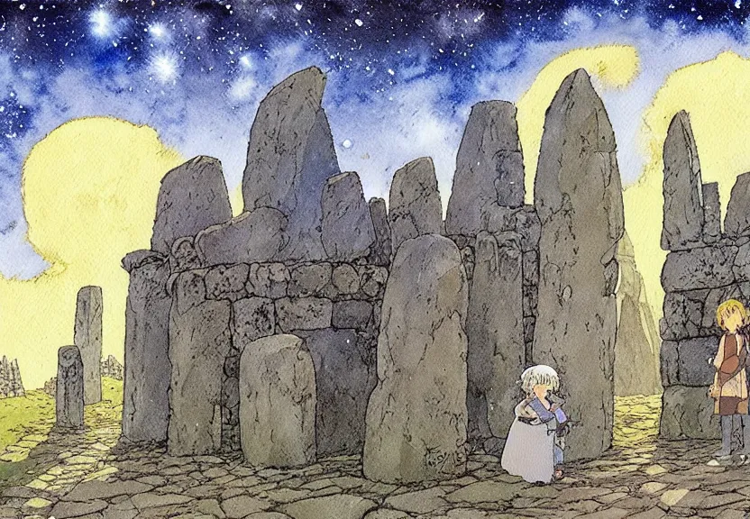 Image similar to a simple watercolor studio ghibli movie still fantasy concept art of a giant wizard standing in a tiny stonehenge in machu pichu. it is a misty starry night. by rebecca guay, michael kaluta, charles vess