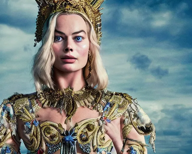 Image similar to Margot robbie as a goddess in heaven, Photography, Cinematic, Portrait, insanely detailed and intricate, hypermaximalist, elegant, ornate, hyper realistic, super detailed